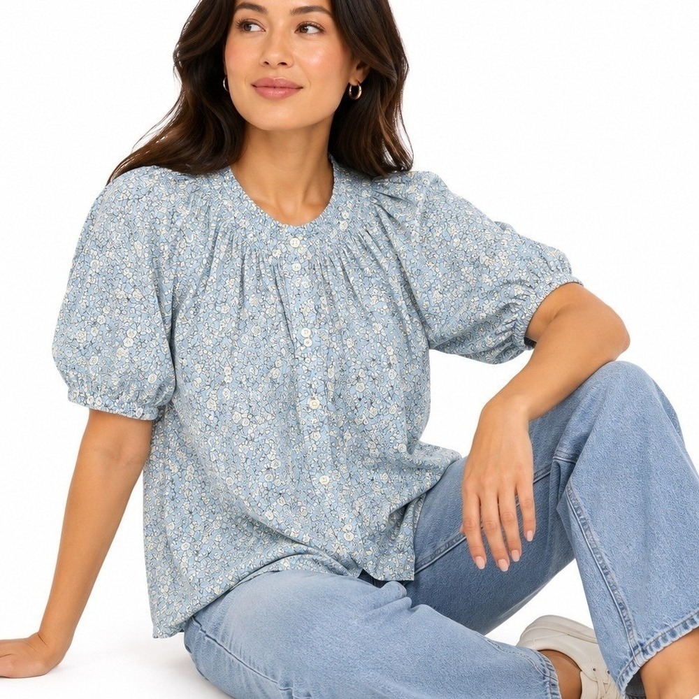 NEW J. Crew Linen Blend Floral Print Ruffle Trim Blouse Blue Size XL